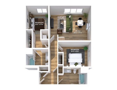 Floor plan for 2 beds, 2 baths, 957 sqft